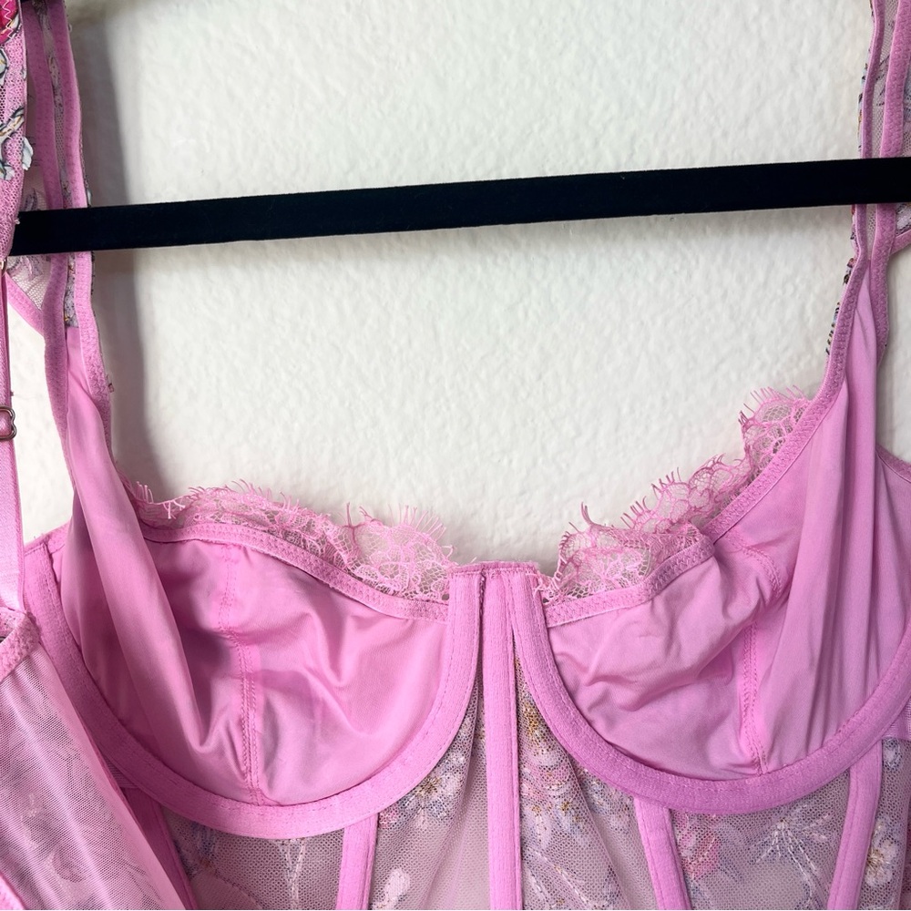 Whimsigoth Pink Floral Corset Crop Top Lace Bustier Fairycore Cottagecore Y2K - Picture 10 of 13